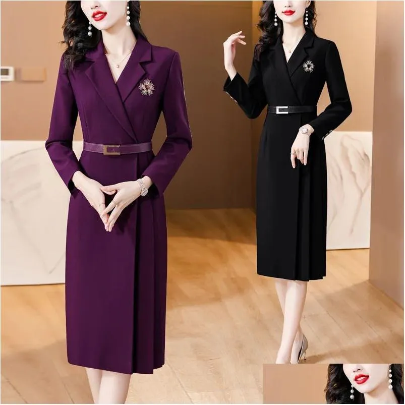 Work Dresses Spring Solid Color Suit Collar Long Sleeved Straight Barrel Dress Womens Waist Belt Slimming Knee Length 240806 Drop Deli Dh7Vp