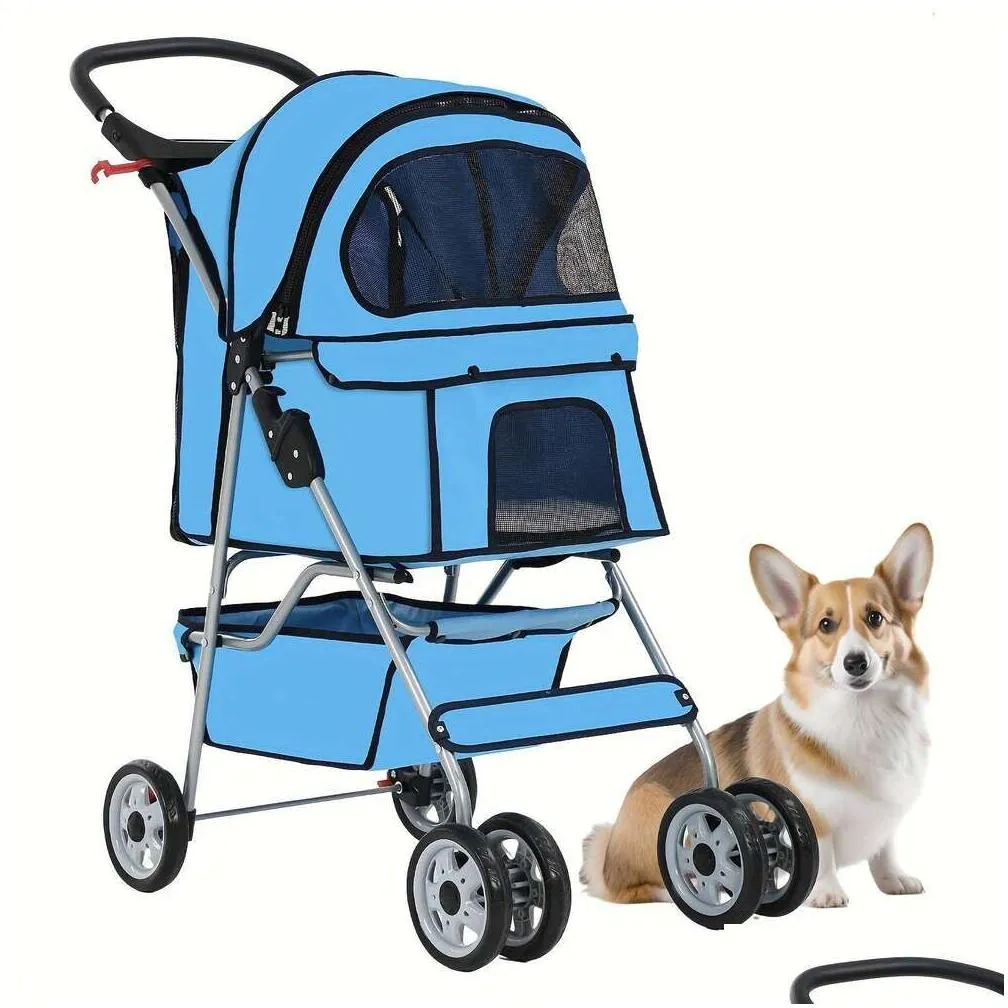 Pet Stroller 4 Wheels - Foldable Dog Cat Stroller With Storage Basket, Cup Holder, Breathable Mesh For Small & Medium Pets