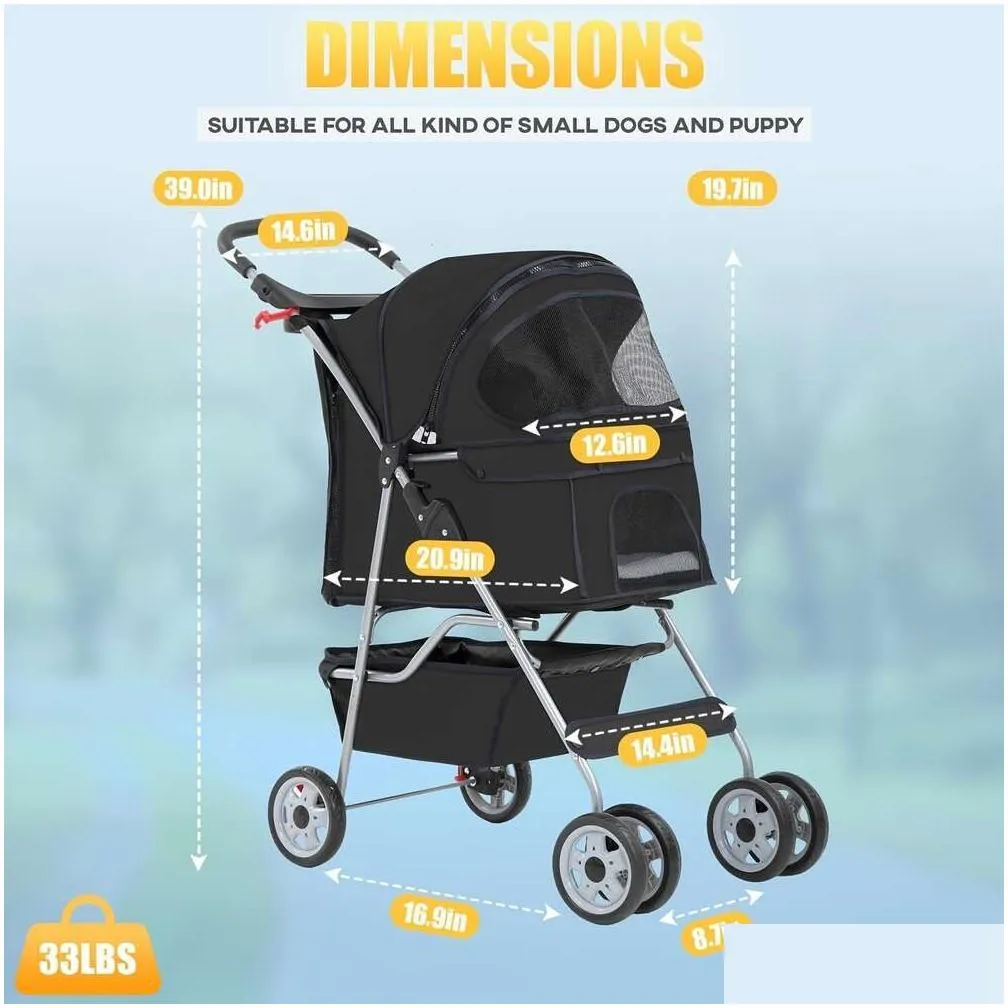 Pet Stroller 4 Wheels - Foldable Dog Cat Stroller With Storage Basket, Cup Holder, Breathable Mesh For Small & Medium Pets