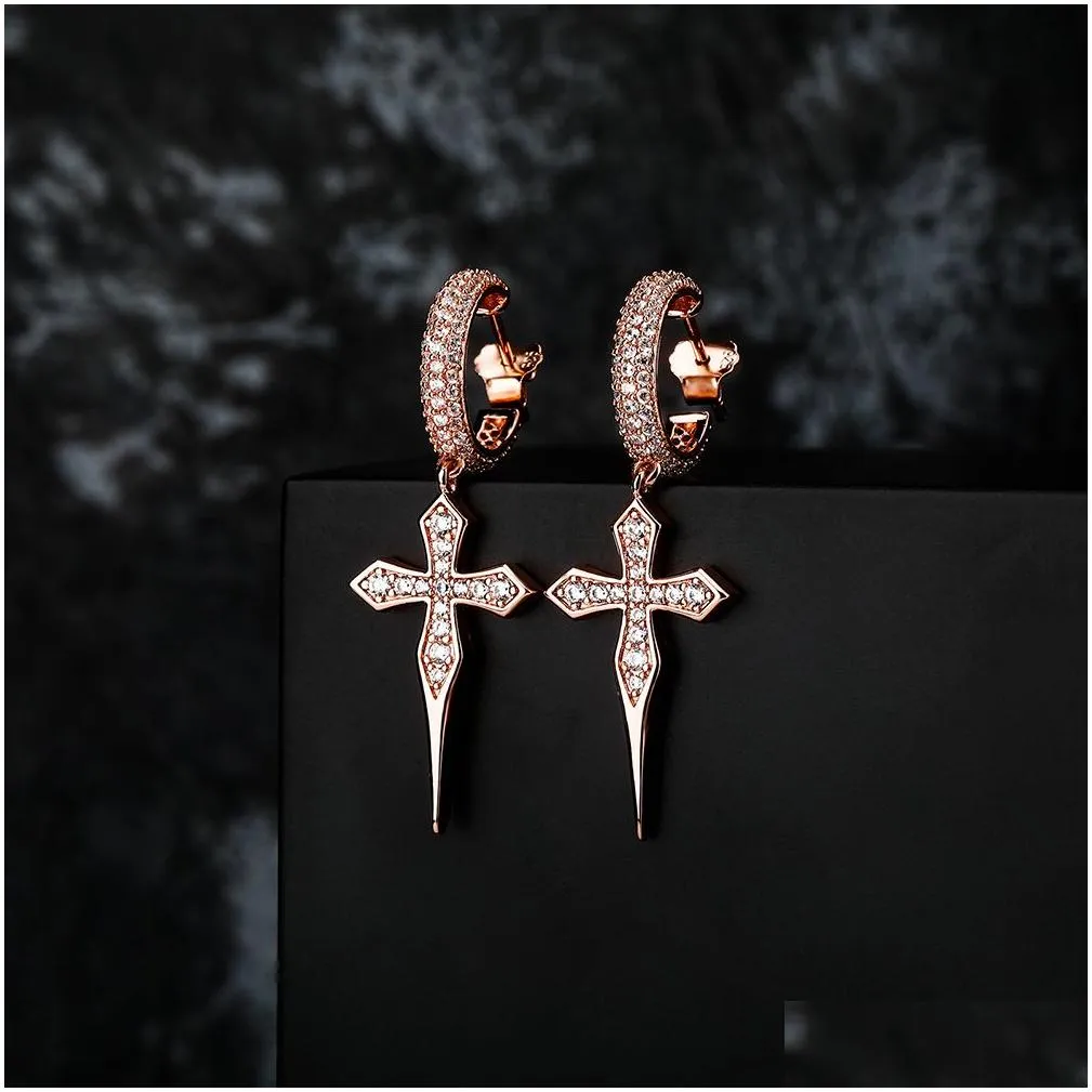 ピアス Luxury Street Wear ICE Cross Si Earrings jewelry unisexual Luxury Punk Cross Earrings for Men Iced Out Zirconia Hiphop