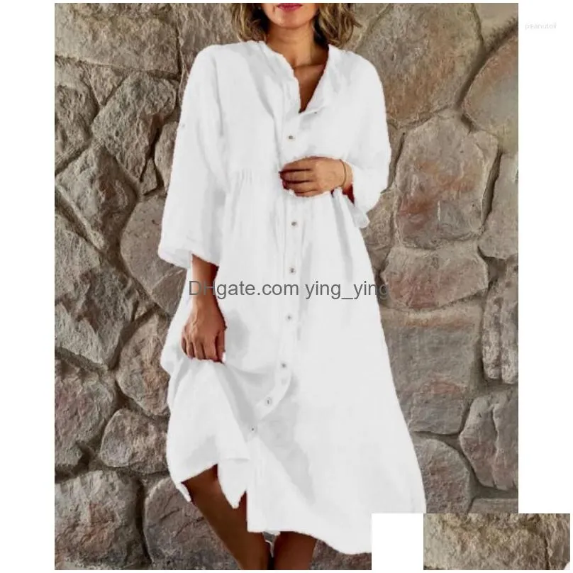 casual dresses womens cotton and linen 2023 spring/summer solid standing collar button loose dress elegant women robe s-5xl