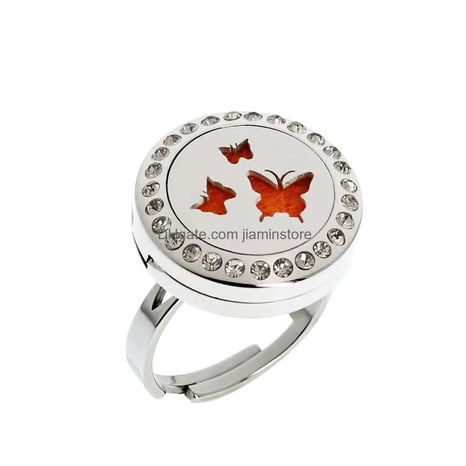 Cluster Rings Butterfly 20Mm Essential Oils 316L Stainless Steel Sier Aromatherapy Diffuser Locket Ring With Rhinestones Drop 6146595 Dhxeq