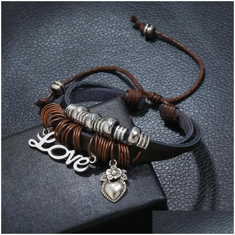 charm bracelets punk style mens and womens multilayer leather bracelet couple jewelry love pendant men beaded bangles malech