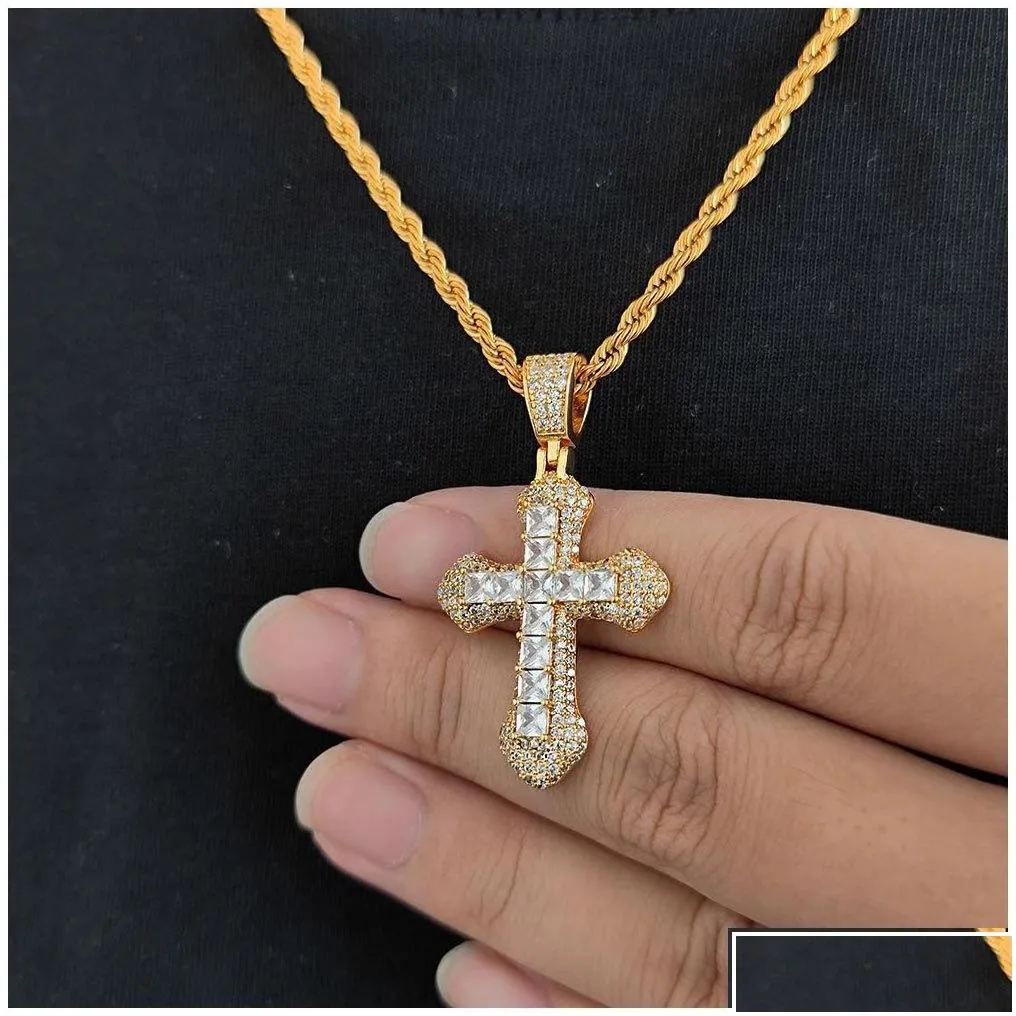 pendant necklaces shining diamond stone cross pendants necklace jewelry 18k real gold plated men women gift religious drop delivery