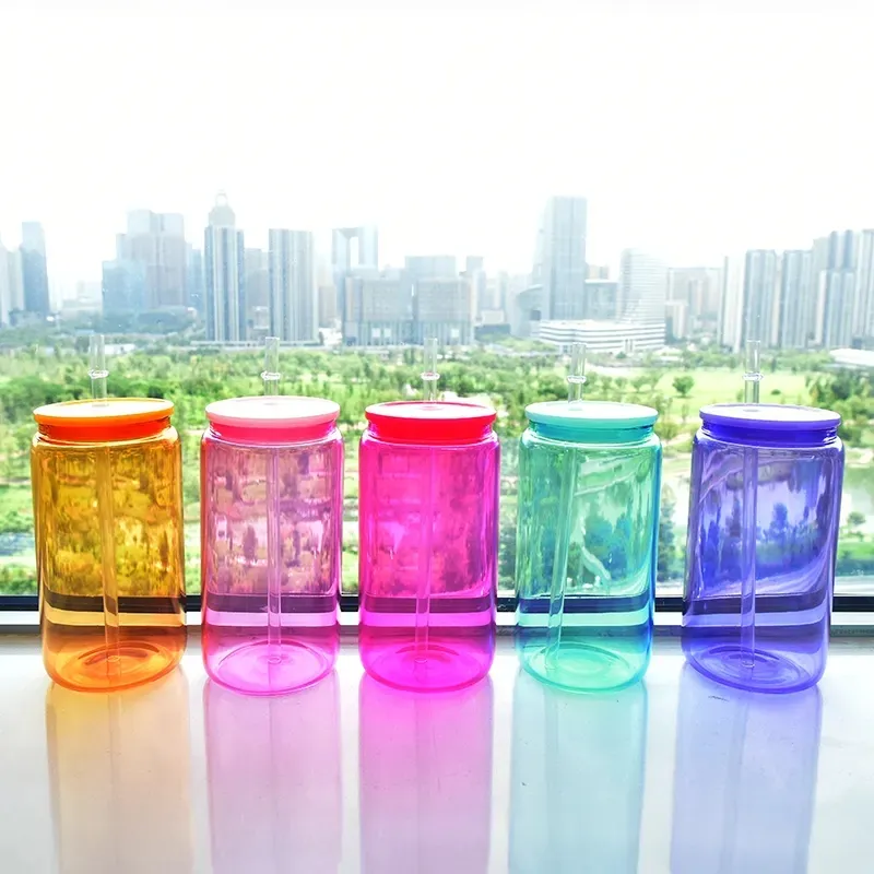 USA Warehouse Jelly Color Glass Can 16oz Sublimation Glass Cups Tumbler Juice Jar Iced Beverage Soda Drinks Beer Can Glasses Cups Coffee Mugs With Colored Lids & Straws