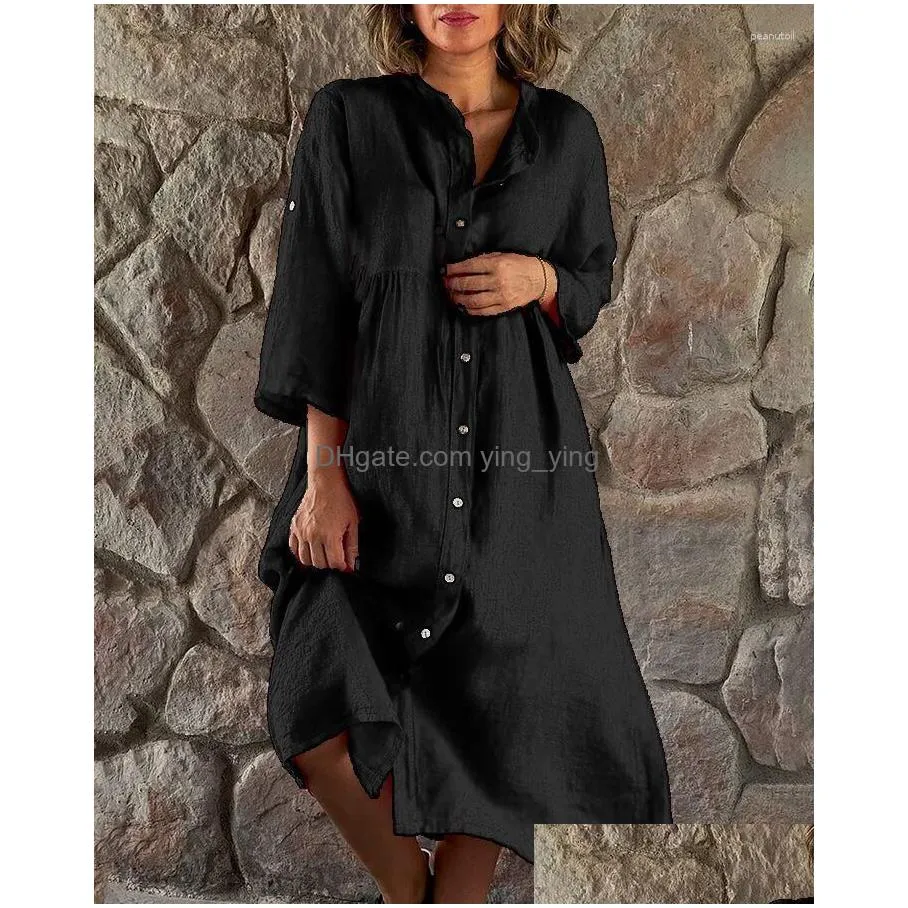 casual dresses womens cotton and linen 2023 spring/summer solid standing collar button loose dress elegant women robe s-5xl