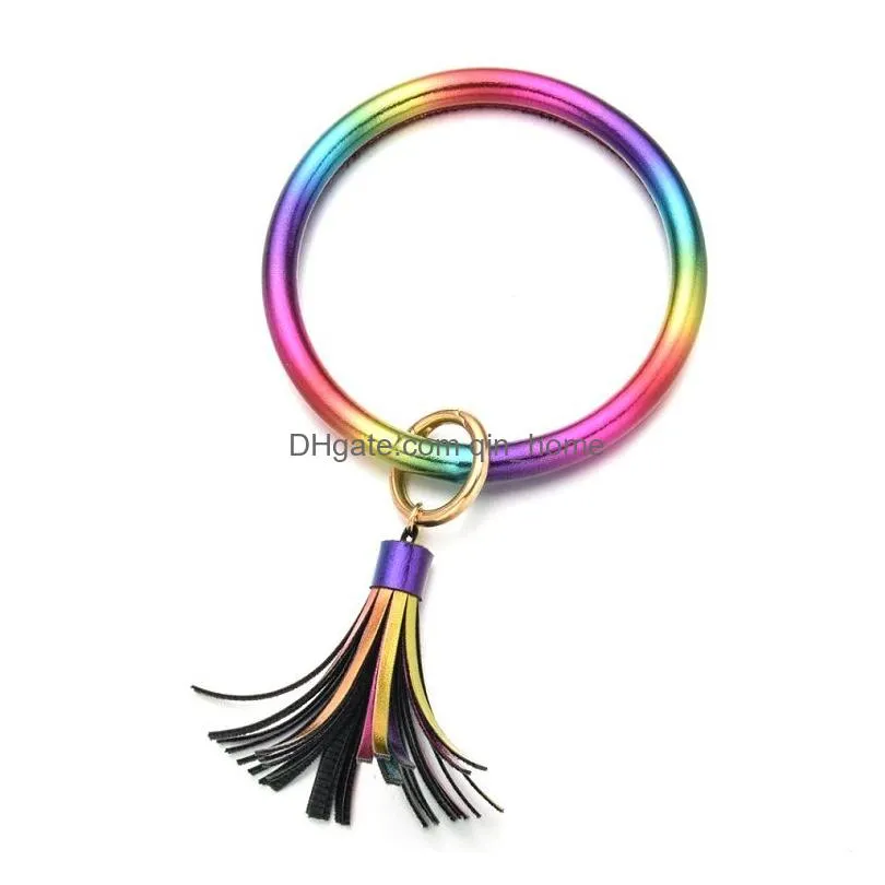 pu leather bracelet keychain with tassel wristbands keychain bangle round rings wrist key ring pendant 29 colors dia 8cm
