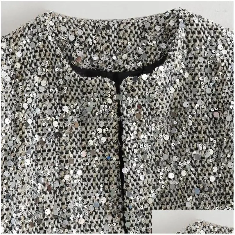 womens jackets chic shinny sequin jacket o neck spring long sleeve female short coat autumn outwear woman clothing