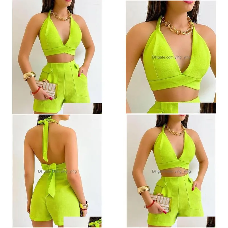 womens tracksuits two piece sets womens outifits 2023 summer fashion halter plunge sleeveless crop top casual high waist pocket