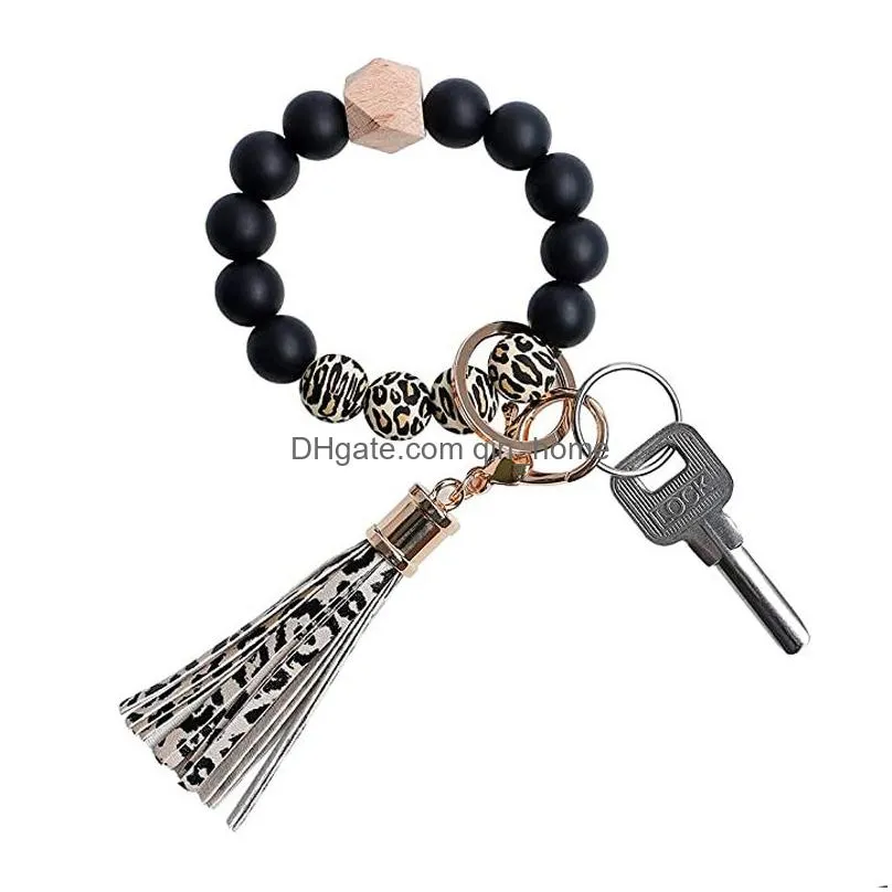 silicone beaded bangle keychain with tassel for women party favor wristlet key ring bracelet