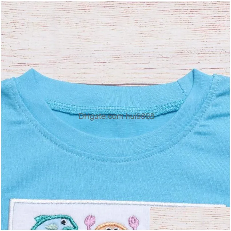 clothing sets summer clothes blue short sleeve top and green vertical stripes shorts  crab fish embroidery pattern boys