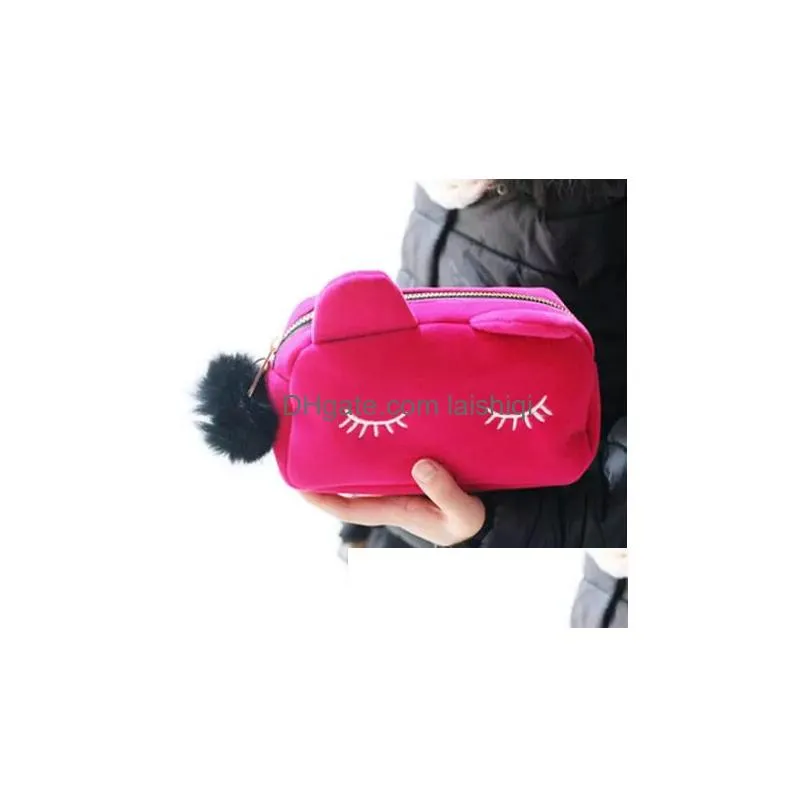 cute portable cartoon cat coin storage case travel makeup flannel pouch cosmetic bag korean and japan style 2394724