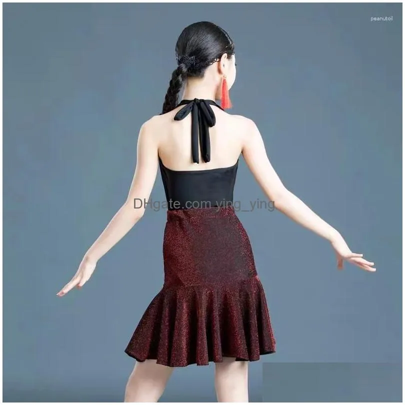 stage wear latin dance dress girl spring/summer split v-neck childrens practice suit rumba chacha performance top and skirt