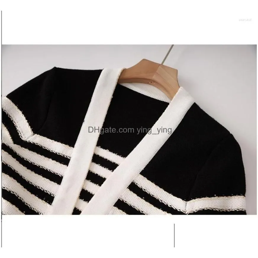 womens sweaters bright silk cardigan panel black and white contrast stripe top rivet buckle elastic waist skirt set dress two piece