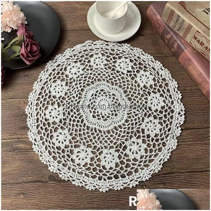 Mats & Pads Table Mats Round 40Cm Pastoral Cotton Handmade Cloghet Flowers Placemat Coth Coffee Tea Mug Pad Wedding Banquet Home Decor Dhhyq