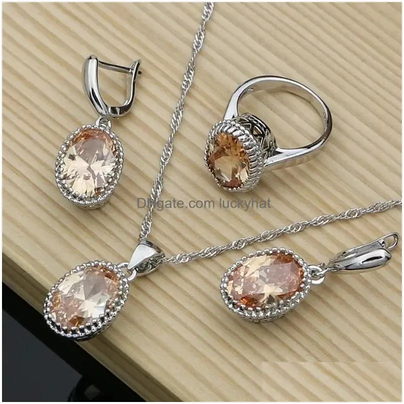 Charm Mystic Red Zircon Sterling Sier Jewelry Sets For Women Wedding Accessories Earrings/Pendant/Necklace/Rings Drop Delivery Dhtbz