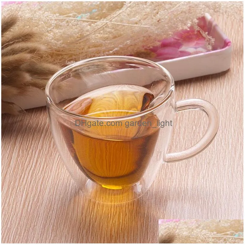 180ml 240ml double wall glass coffee mugs transparent heart shaped milk tea cups with handle romantic gifts