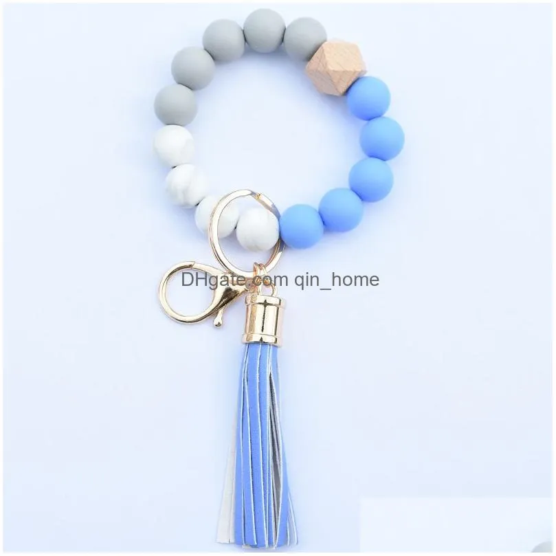 silicone beaded bangle keychain with tassel for women party favor wristlet key ring bracelet