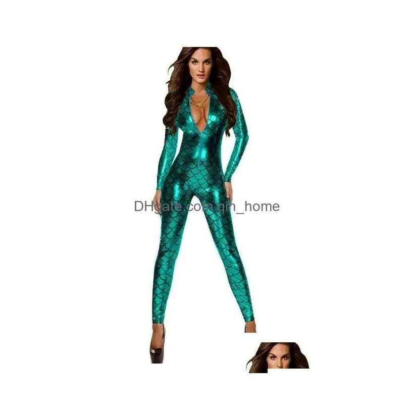 sexy costumes 4 colors fish dragon scales women jumpsuit metallic catsuit front zipper bodycon exotic mermaid cosplay ds stage drop