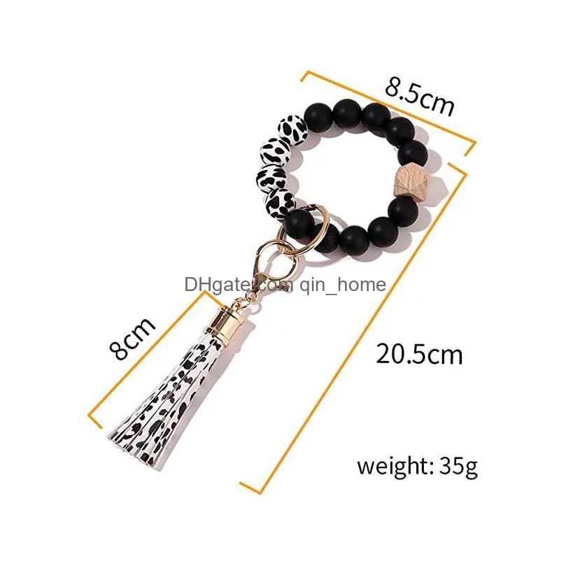 silicone beaded bangle keychain with tassel for women party favor wristlet key ring bracelet