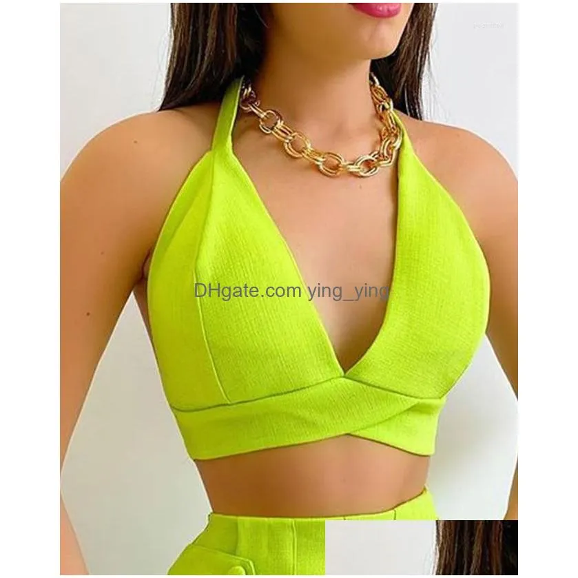 womens tracksuits two piece sets womens outifits 2023 summer fashion halter plunge sleeveless crop top casual high waist pocket