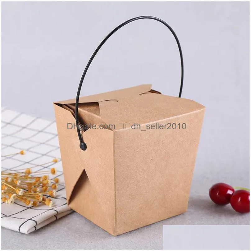 Gift Wrap 100Pc Kraft Paper Carton Lunch Snack Furit Salad Box Disposable Fast Food Pasta Takeaway Packaging With Black Plastic Handle Dhdjz