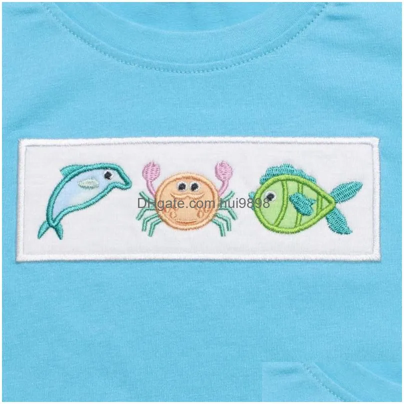 clothing sets summer clothes blue short sleeve top and green vertical stripes shorts  crab fish embroidery pattern boys
