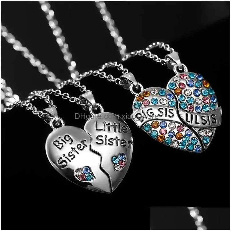 2pcs /set big little sis heart woman necklace designer jewelry south american silver plated colorful rhinestone pendant necklaces pendants friend