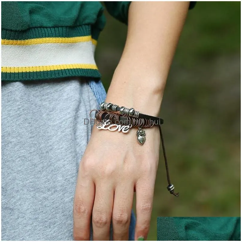 charm bracelets punk style mens and womens multilayer leather bracelet couple jewelry love pendant men beaded bangles malech