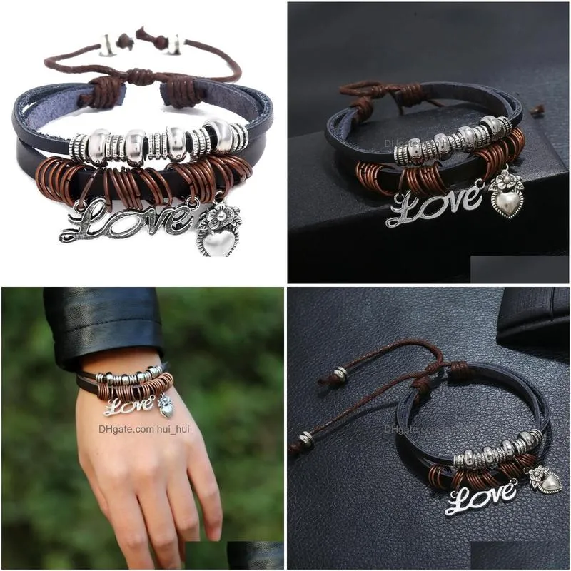 charm bracelets punk style mens and womens multilayer leather bracelet couple jewelry love pendant men beaded bangles malech