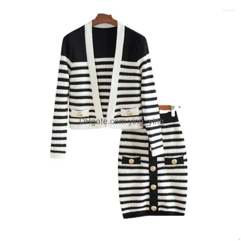 womens sweaters bright silk cardigan panel black and white contrast stripe top rivet buckle elastic waist skirt set dress two piece