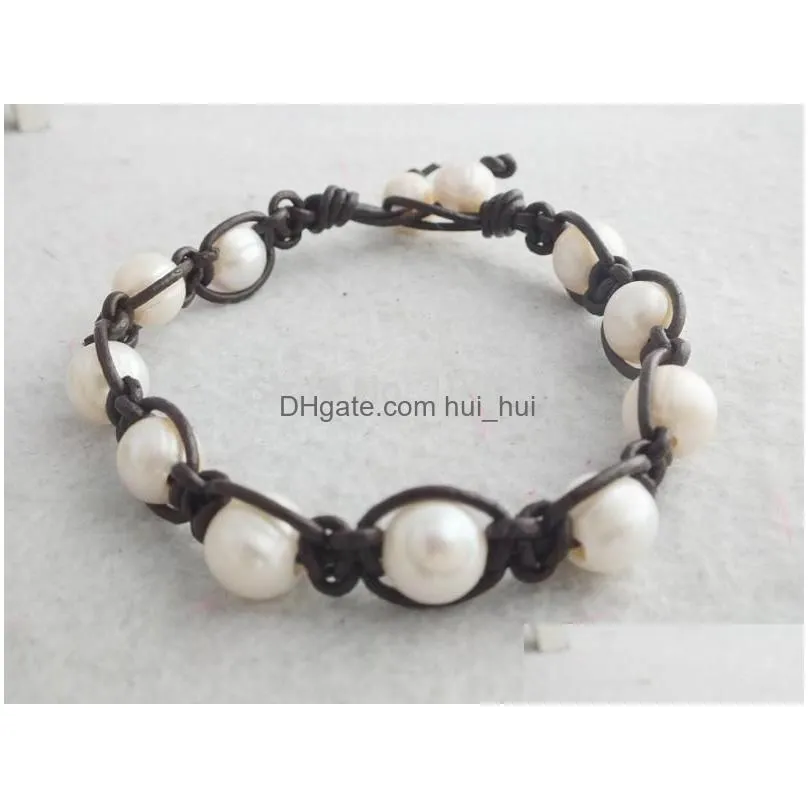 charm bracelets fashion jewelry 15piece dark brown 9-10mm freshwater pearl beads leather cord knoted braceletcharm