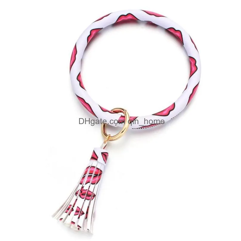 pu leather bracelet keychain with tassel wristbands keychain bangle round rings wrist key ring pendant 29 colors dia 8cm