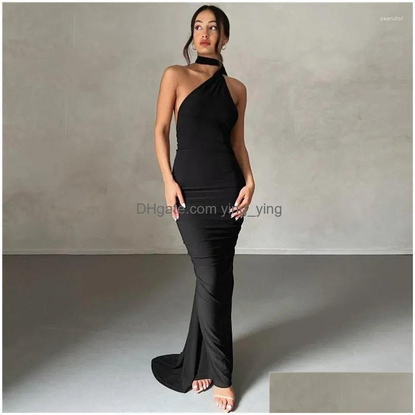 casual dresses backless oblique shoulder maxi dress for women back ruched strap sleeveless elegant gown long vestidos party clubwear