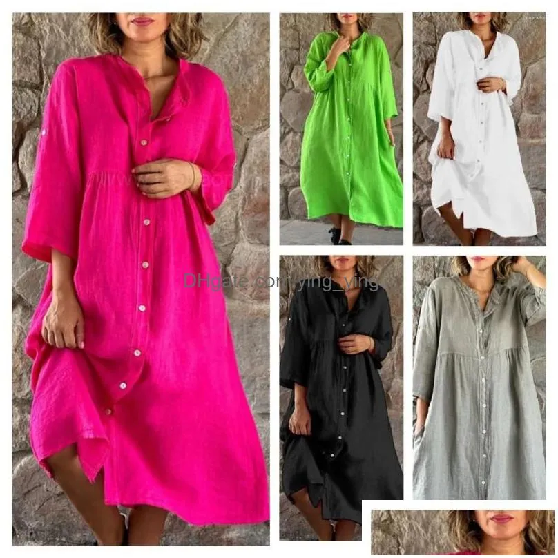 casual dresses womens cotton and linen 2023 spring/summer solid standing collar button loose dress elegant women robe s-5xl