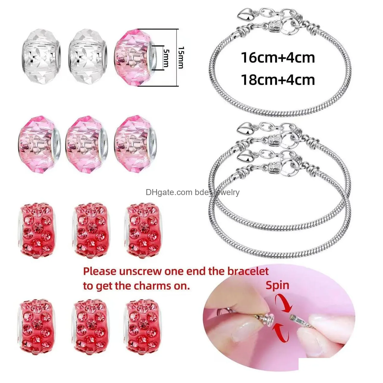 56/set diy love box set charm bracelet making kit beaded silver plated snake chain gift for girls and children