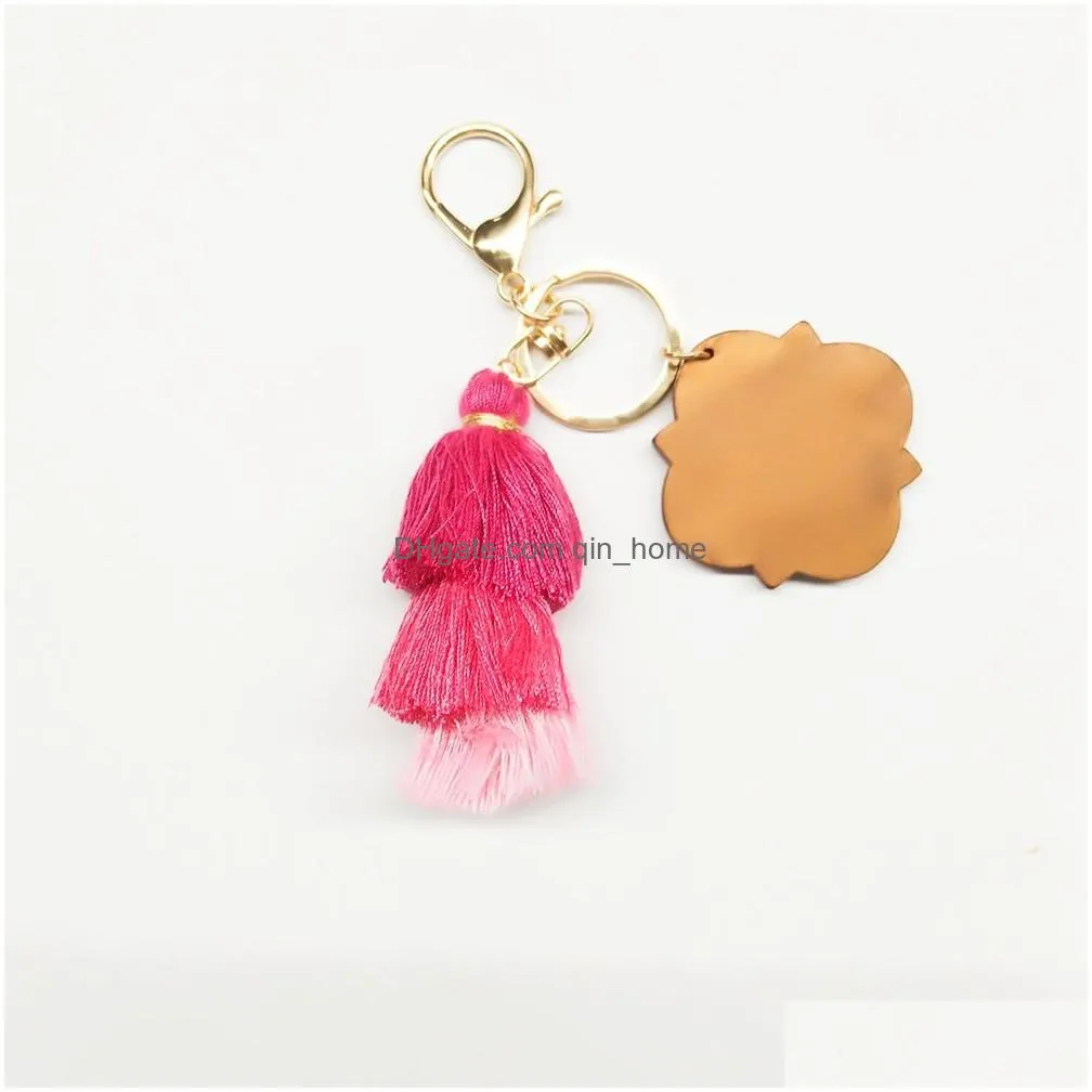 personalized wooden keychain party favor three-layer cotton tassel and four-leaf clover wood chip pendant key ring multicolor