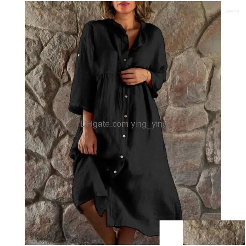 casual dresses womens cotton and linen 2023 spring/summer solid standing collar button loose dress elegant women robe s-5xl