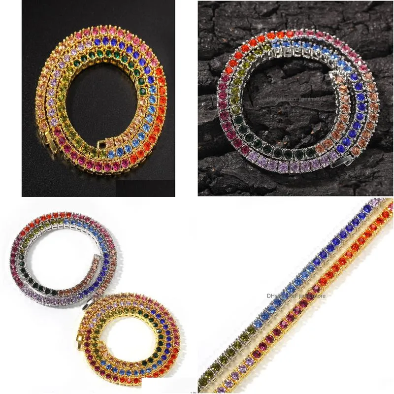 Chains 4Mm Colorf Crystal 1 Row Tennis Chains For Mens Bling Iced Out Diamond Hip Hop Gold Sier Choker Necklace Women Rapper Drop Deli Dhjqk