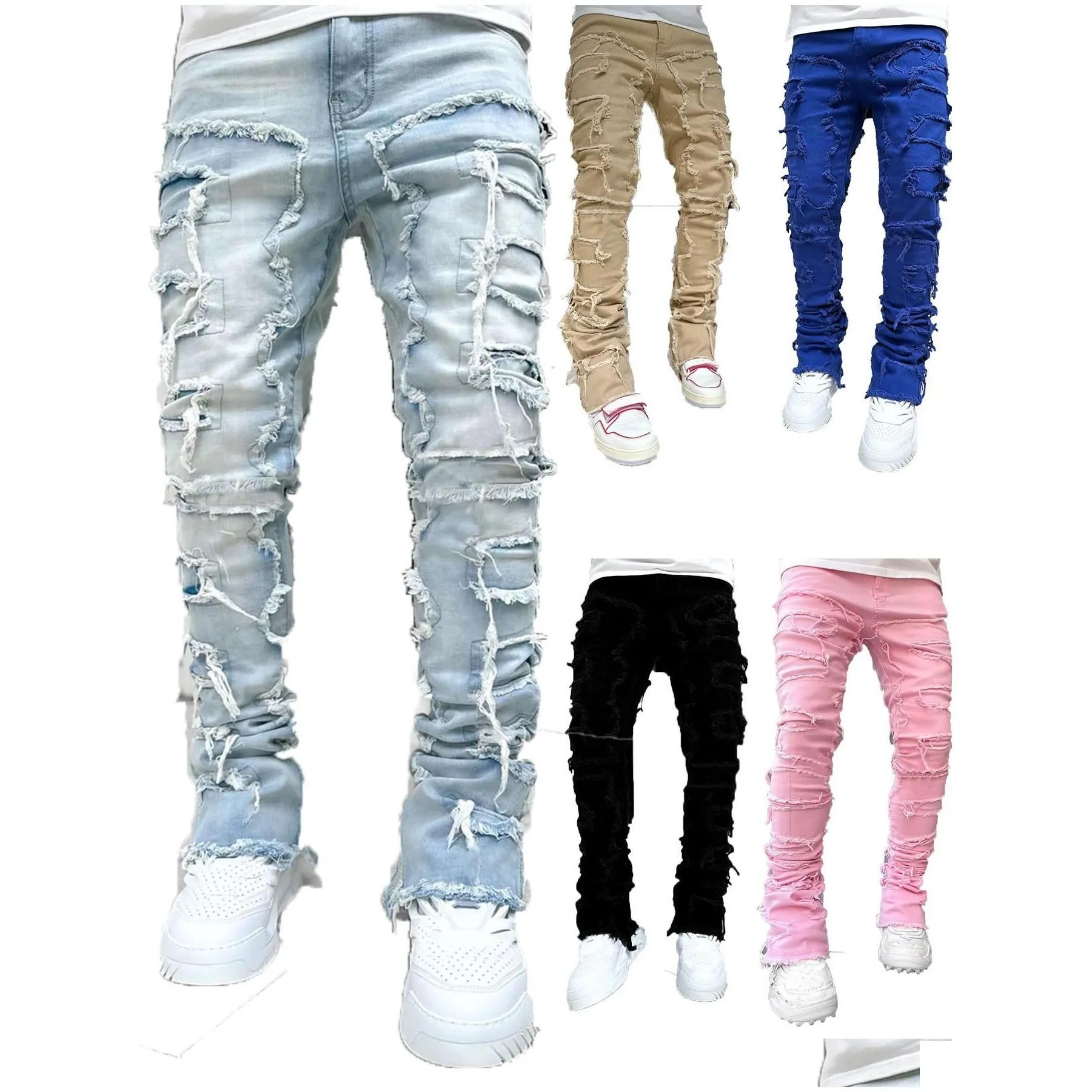 mens jeans mens jeans regar fit stacked died destroyed straight denim pants streetwear clothes casual jean drop delivery apparel men