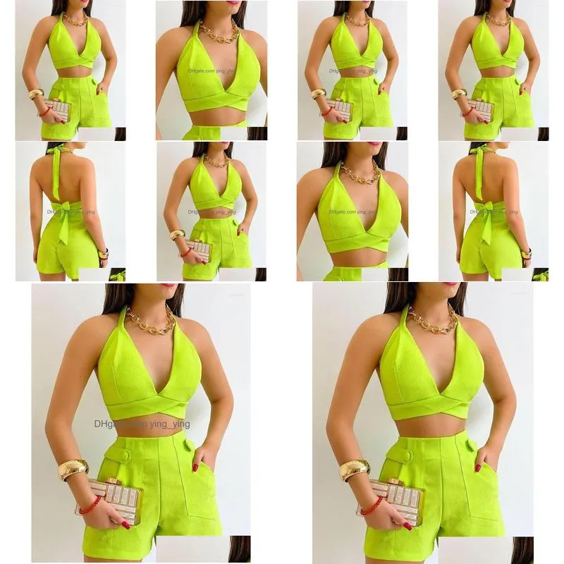 womens tracksuits two piece sets womens outifits 2023 summer fashion halter plunge sleeveless crop top casual high waist pocket