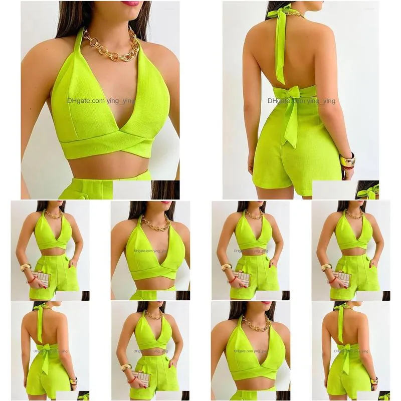 womens tracksuits two piece sets womens outifits 2023 summer fashion halter plunge sleeveless crop top casual high waist pocket