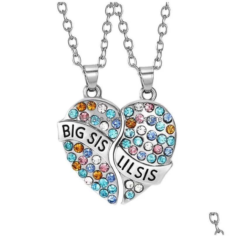 2pcs /set big little sis heart woman necklace designer jewelry south american silver plated colorful rhinestone pendant necklaces pendants friend