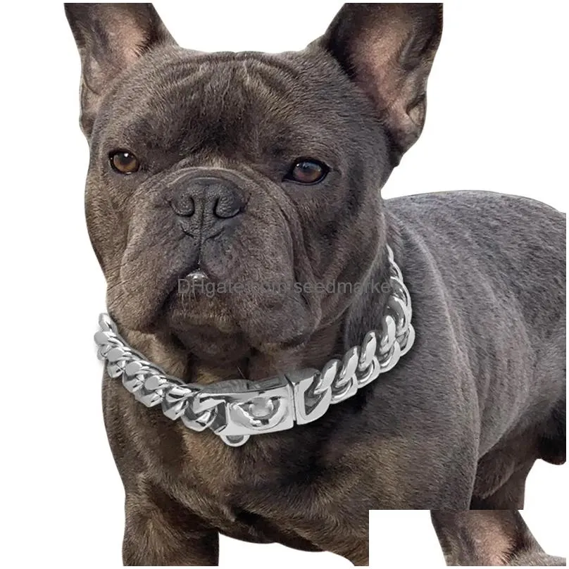 Dog Collars & Leashes Dog Collars Leashes Sturdy Golden Collar Stainless Steel Cuban Chain 14Mm Wide Metal Pet Necklace Suitable For S Dhkfb