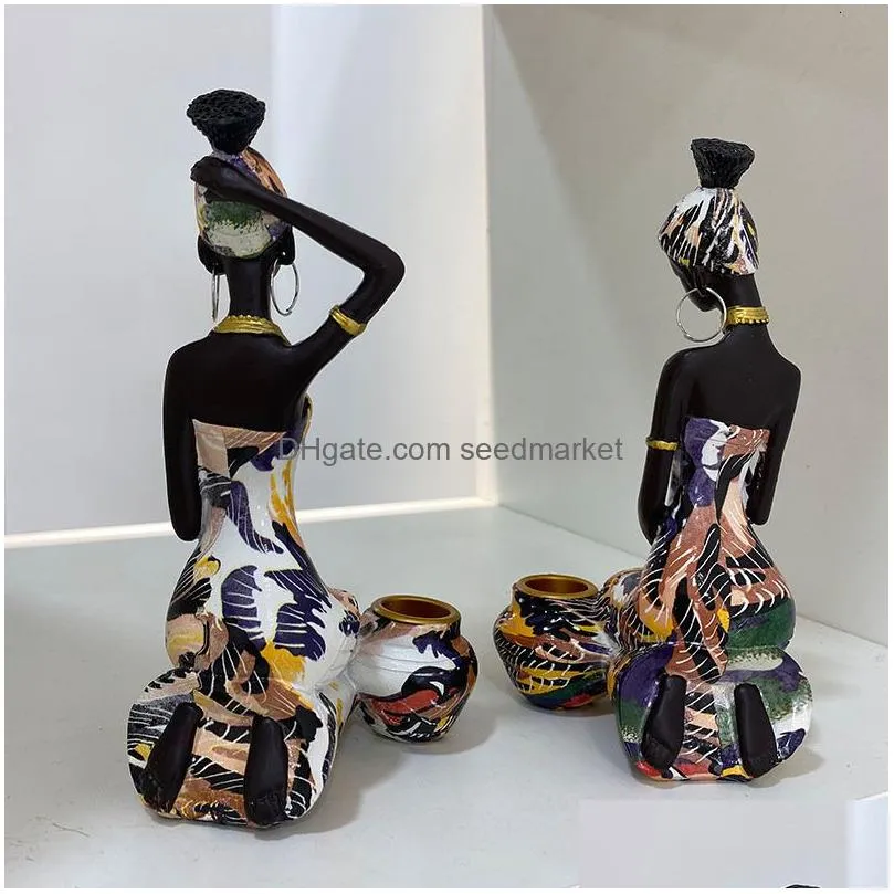 Decorative Objects & Figurines Decorative Objects Figurines Resin Black Female Candlestick African Exotic Statue Interior Decoration D Dhhye