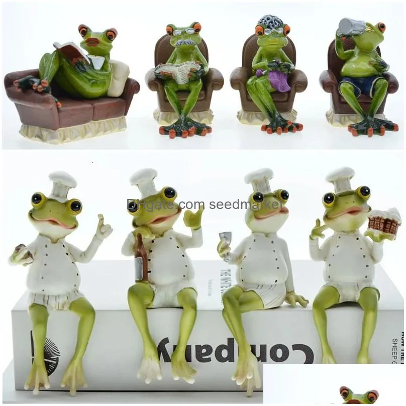 Decorative Objects & Figurines Decorative Objects Figurines 1-4Pcs 3D Resin Creative Frog Craft Thinking About Skiing Cycling Sports M Dhp0A