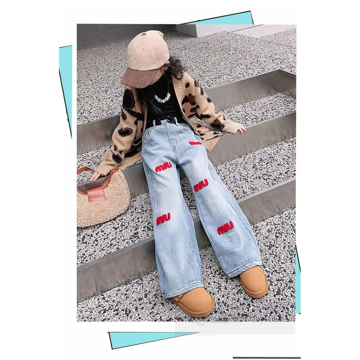 fashion big girls jeans old kids towel letter embroidered denim pants 2024 spring teenagers wide-legs  trousers z6925