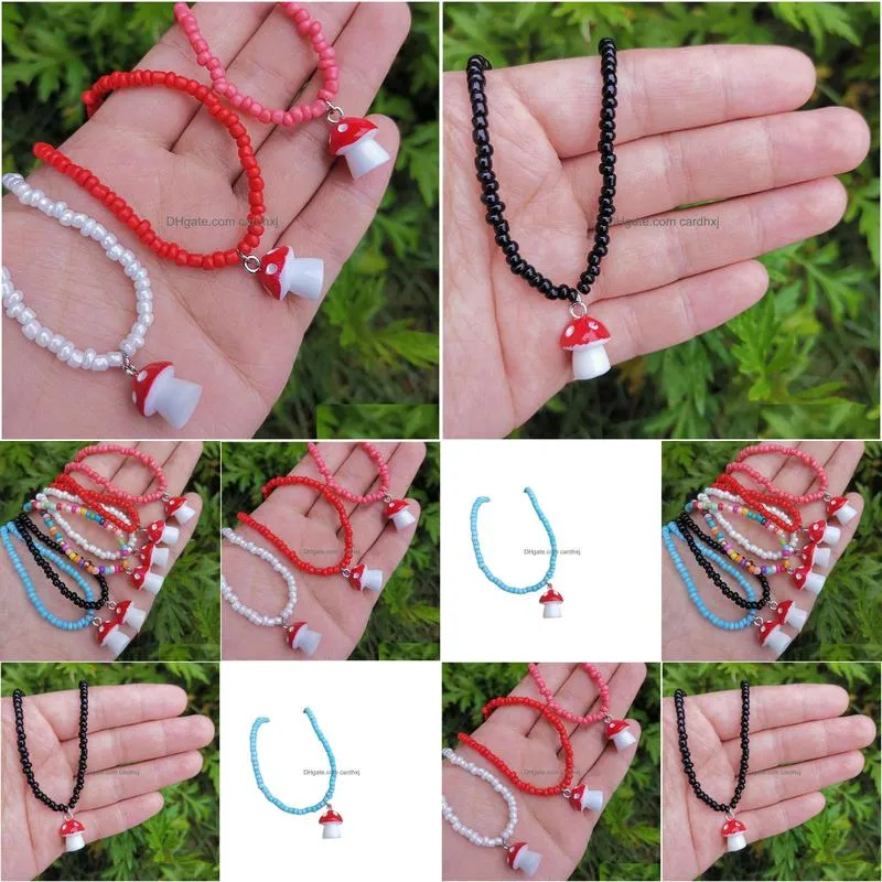 Pendant Necklaces Cute Colorf Beads Chain Mushroom Pendant Necklace For Women Girls Chokers Accessories Fashion Drop Delivery Jewelry Dh4Zu