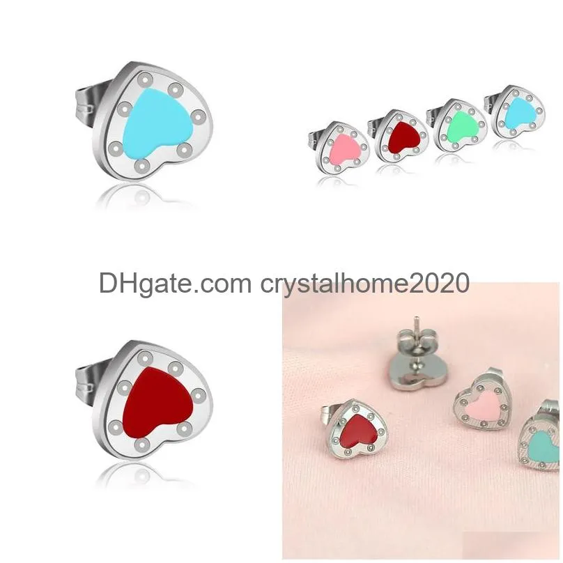 10mm heart earring stud women stainless steel couple earring red flannel bag jewelry wholesale 7 oclock blue green pink