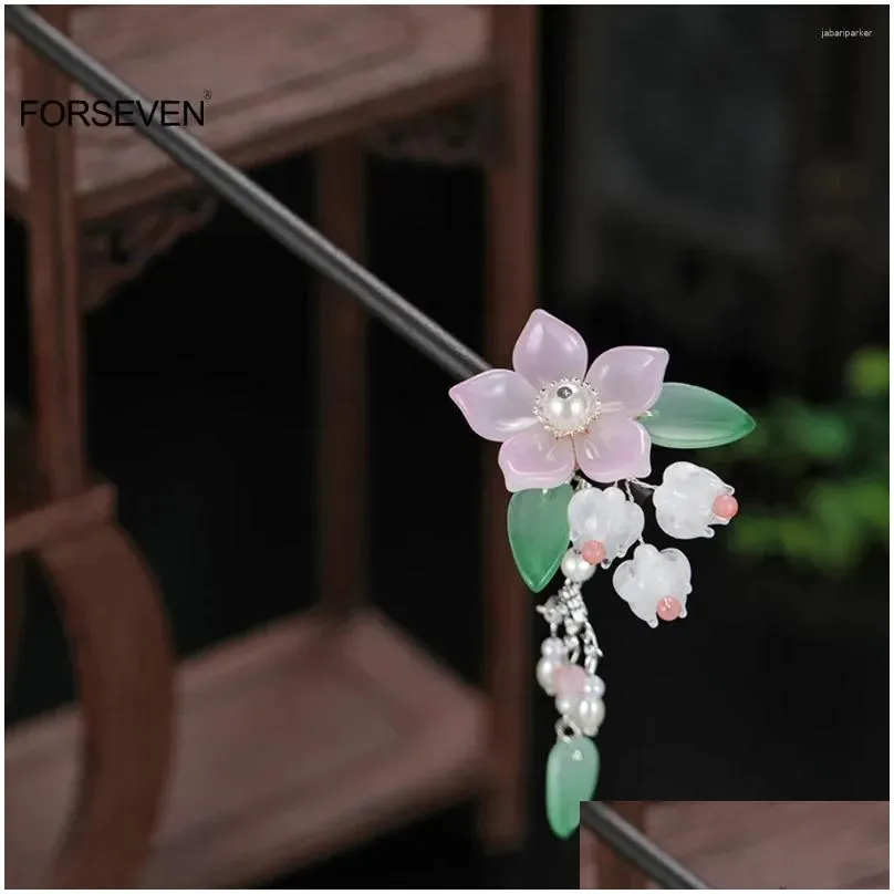 hair clips chinese style sticks forks pink flower hairpins for women and girls wooden handmade bun holder pendant jewelry